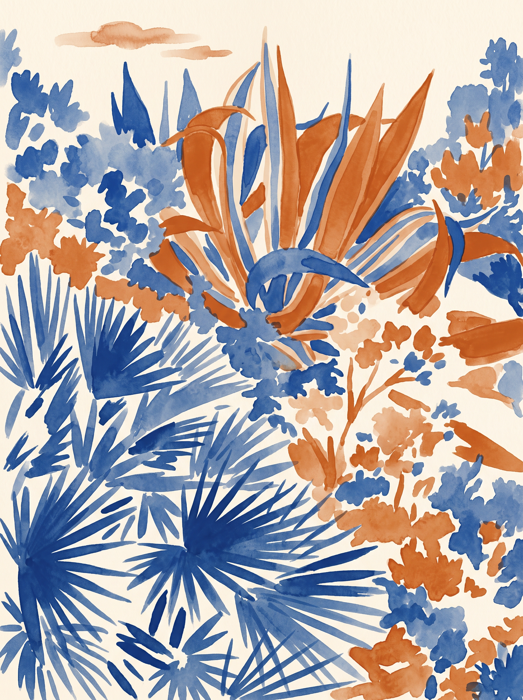 Watercolor painting of the agave and palm garden at Las Playetas