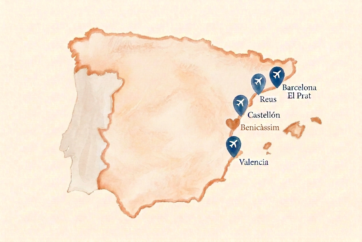 Hand-painted map of Spain showing the airports near Benicàssim